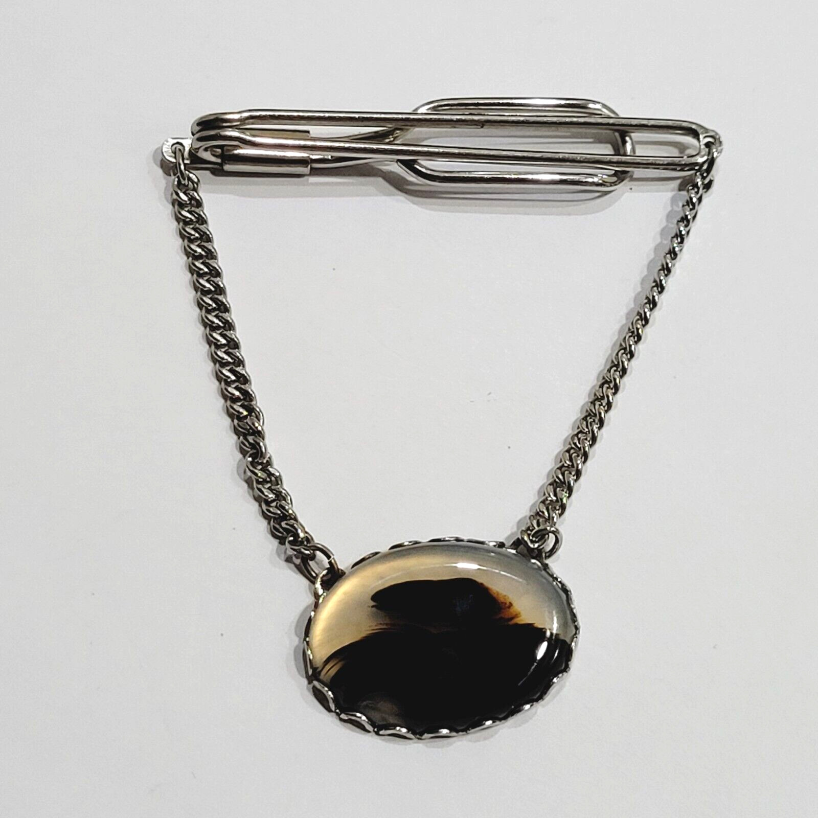 Agate Oval Cabochon Brown Shades Silver Tone Fancy Tie Bar Clip Clasp with Chain