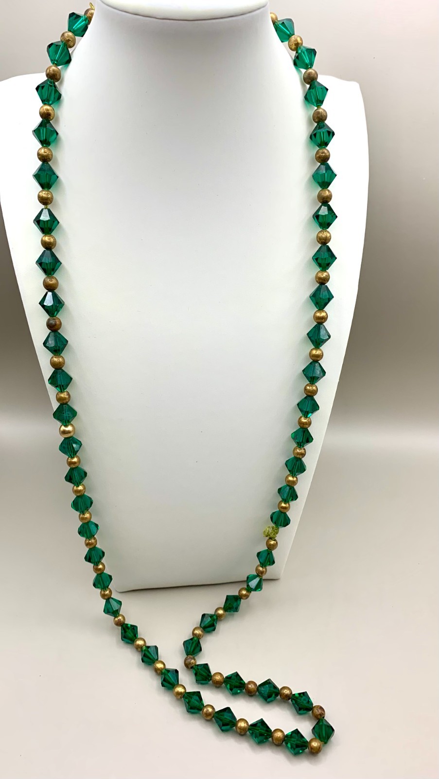 Art Deco Glass Beads Necklace Evergreen Bicone Brass Beads Long 36″ READ