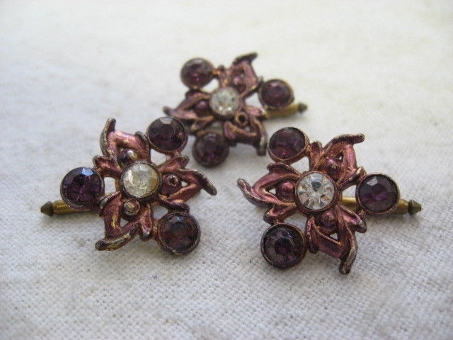 Vintage Set of 3 Purple Rhinestone Flower Shirt Studs Dress Pins Enamel Finish