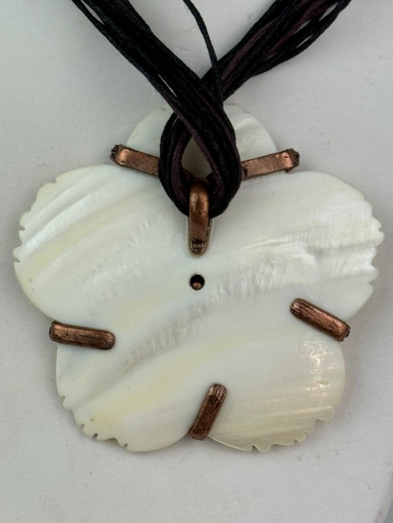 Plumeria Shell & Rhinestone FLOWER Pendant Necklace w/ Leather Cord
