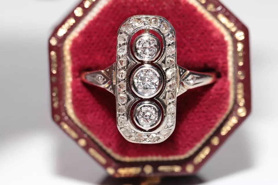 Antique Circa 1920s Art Deco 14k Gold Finish Lab Created Diamond Decorated Ring