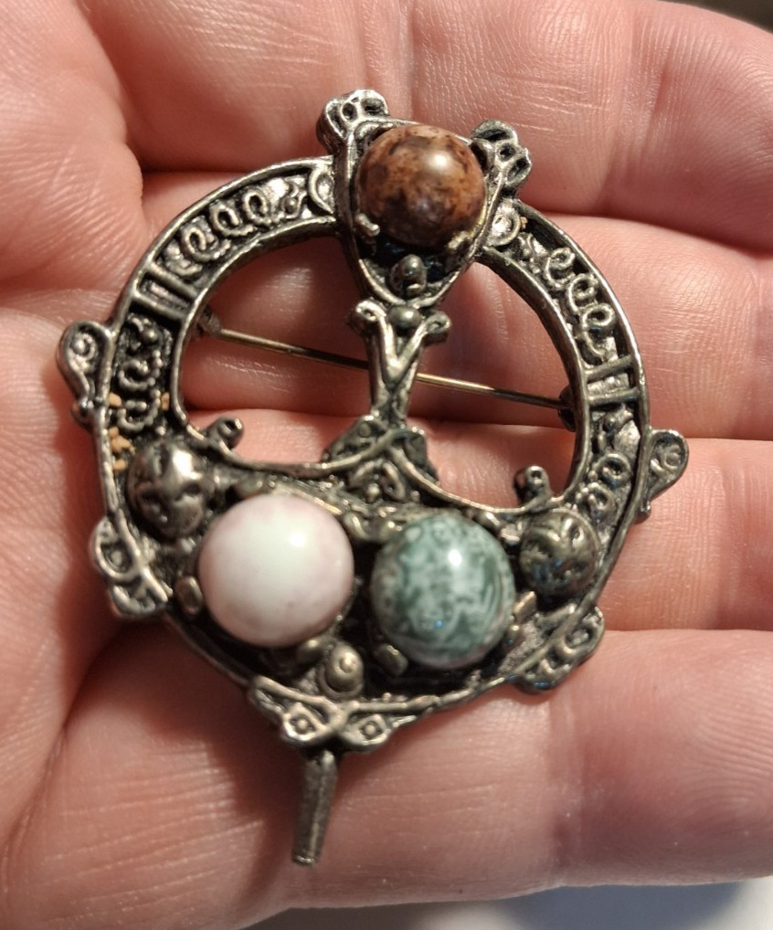 Vintage Celtic Scottish Brooch Metal Glass Stones Green Pink White Brown