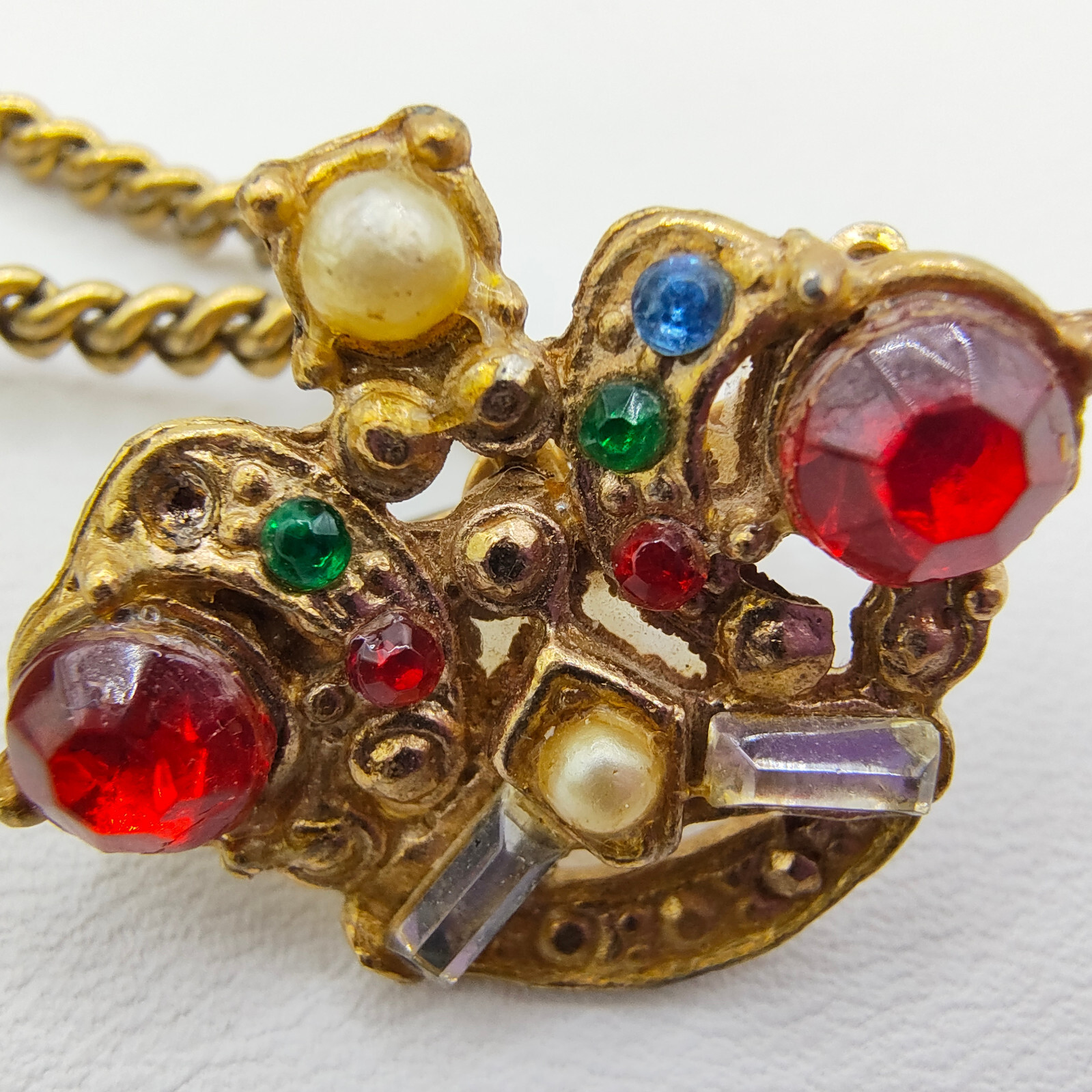 Vintage Purse Pill Box Brooch Pin Gold Tone Chatelaine Multicolor Rhinestone