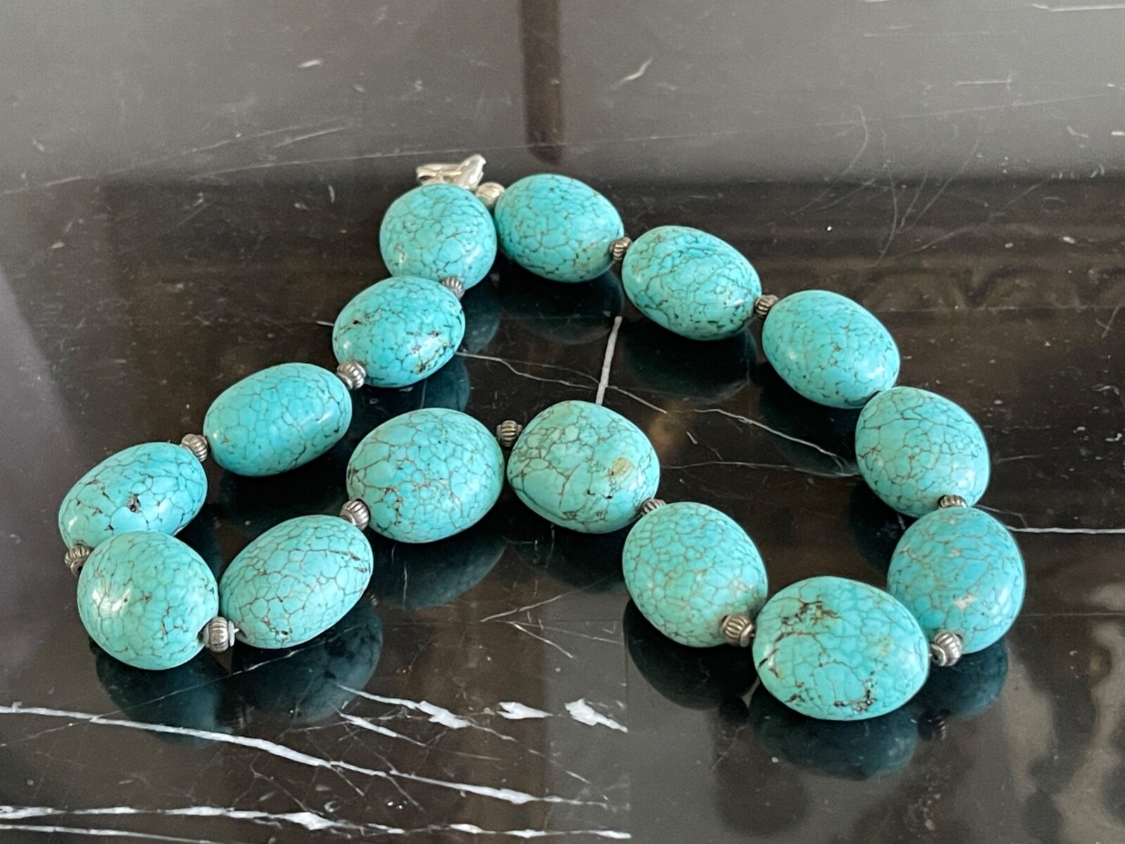 Superb Large 18.9mm Turquoise Beads Sterling Silver Necklace