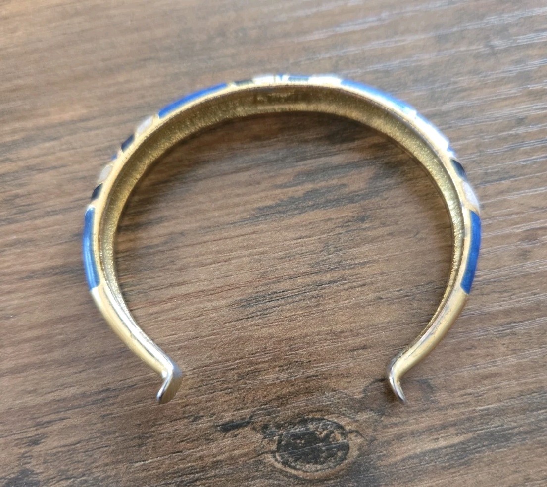 Vintage 1980s Orena Paris Cuff Bracelet Gold Tone W/Blue/Navy/Cream Enamel