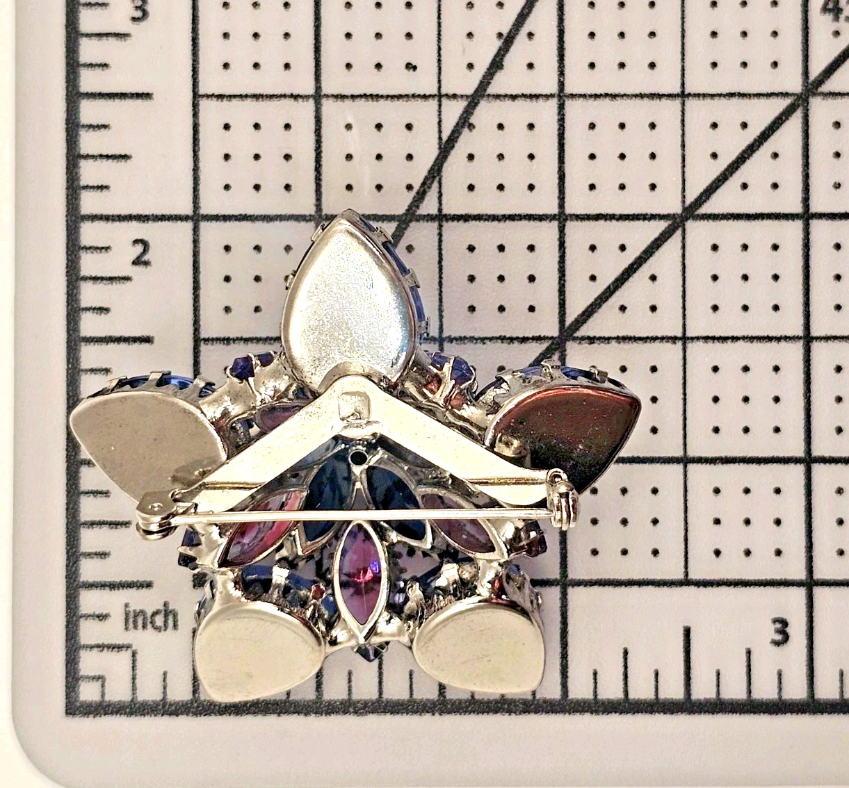 VTG Starburst Domed Purple Blue Pink Vitrail Glass Rhinestone Brooch Silver Tone
