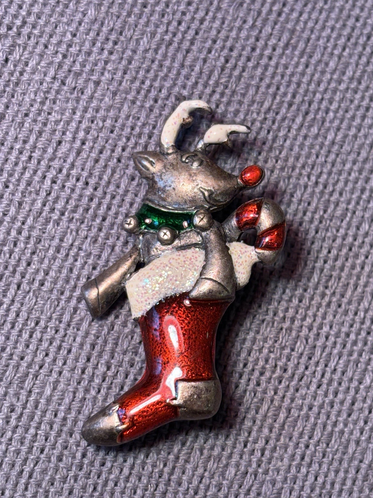 Collectible Vintage Christmas Reindeer Stocking Brooch Pin
