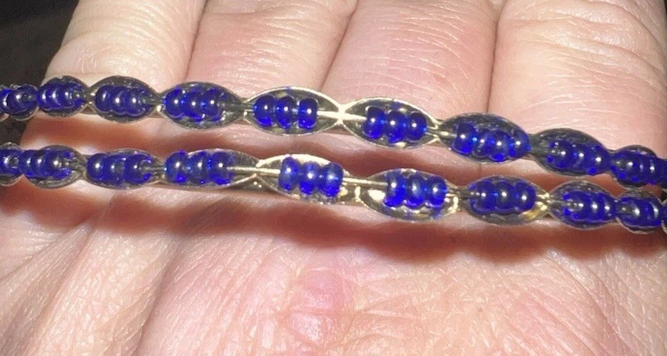 Vintage Blue Trade Bead Bangle Bracelets Brass/Gold-Tone Metal