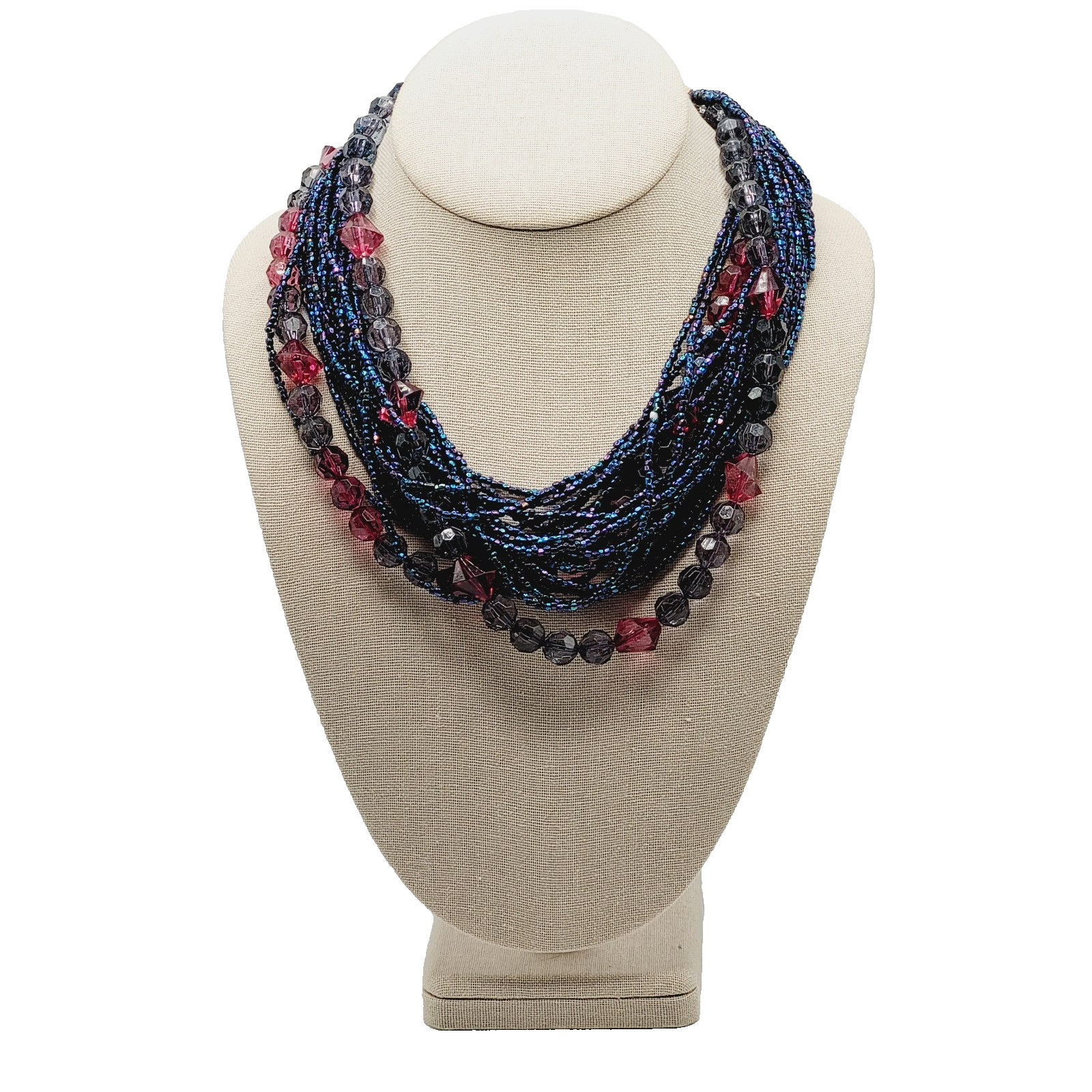 Purple and Deep Blue Iridescent Twist Multi Strand Glass Beaded Vintage Necklace