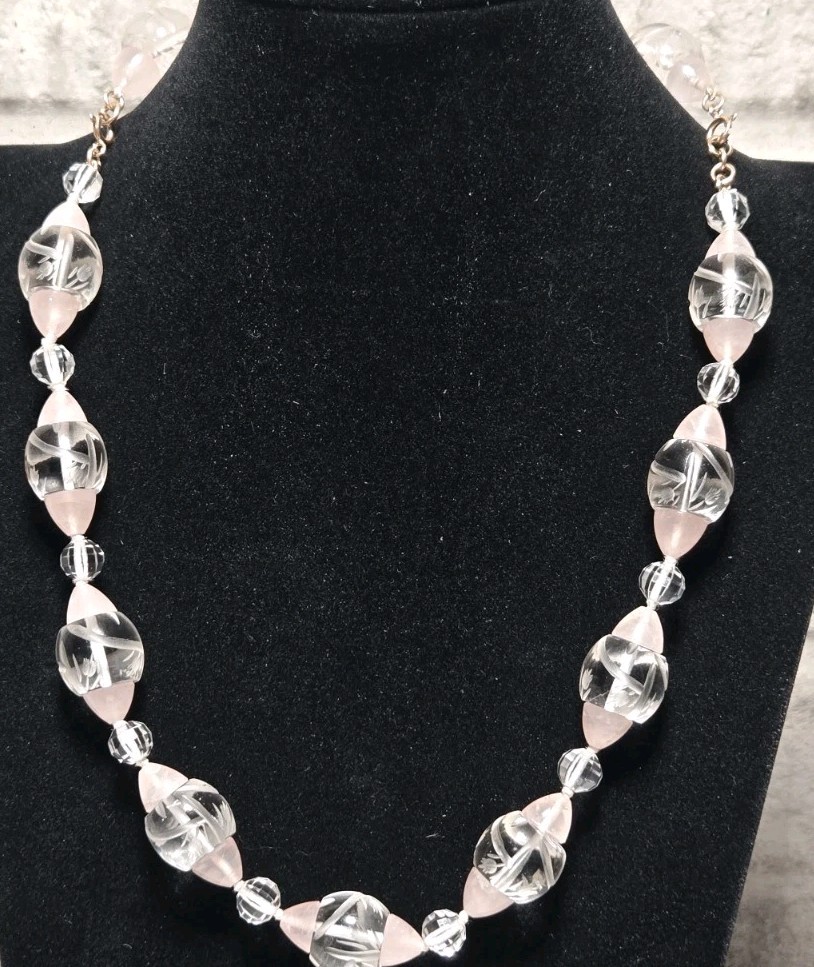 Rare Vintage Necklace Carved Rock Crystal & Pink Quartz 14K Floral Tulip Etched