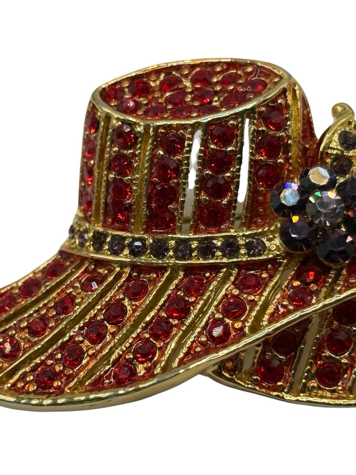 Vintage Red Hat Society Brooch Pin Red & Purple Rhinestones Gold Tone Flower