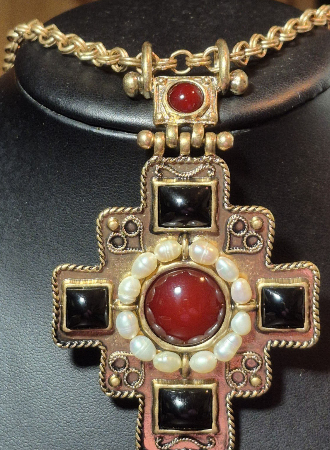 Dell’Olio Byzantine Cross Pendant Necklace Faux Pearl Red Black Statement