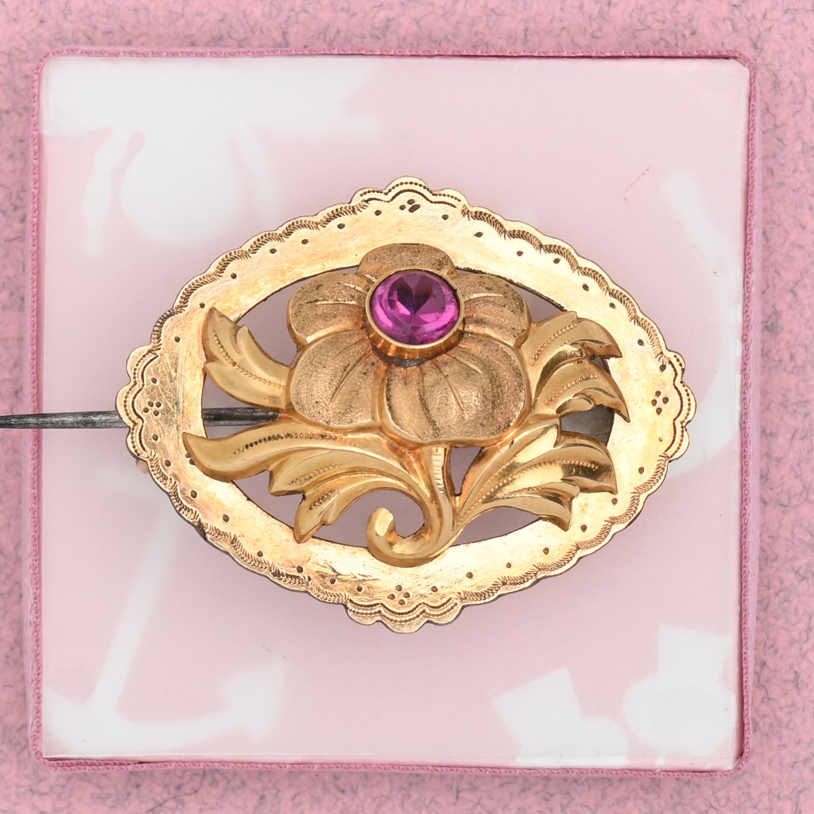 Antique Victorian French Poppy Flower Gold Plated Red Paste Repousse Brooch Pin