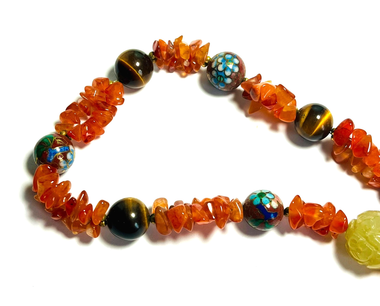 VTG Chinese Carved Jade Balls, Tiger’s Eye, Cloisonne & Carnelian Stone Necklace