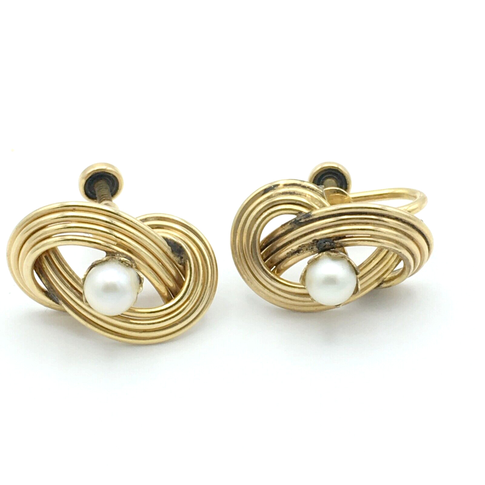 A&Z gold-filled earrings real pearls – 3/4″ vintage screw-back GF wire knot
