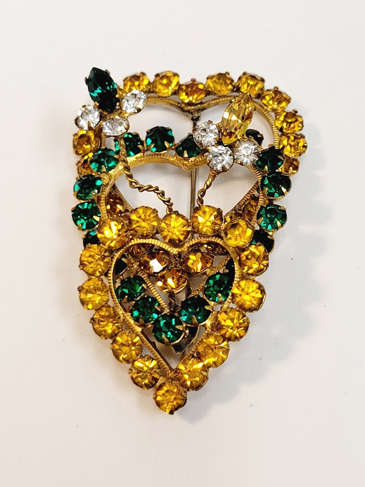 Vintage Original By Robert Fashioncraft 3 Hearts Brooch Green Yellow Rhinestones