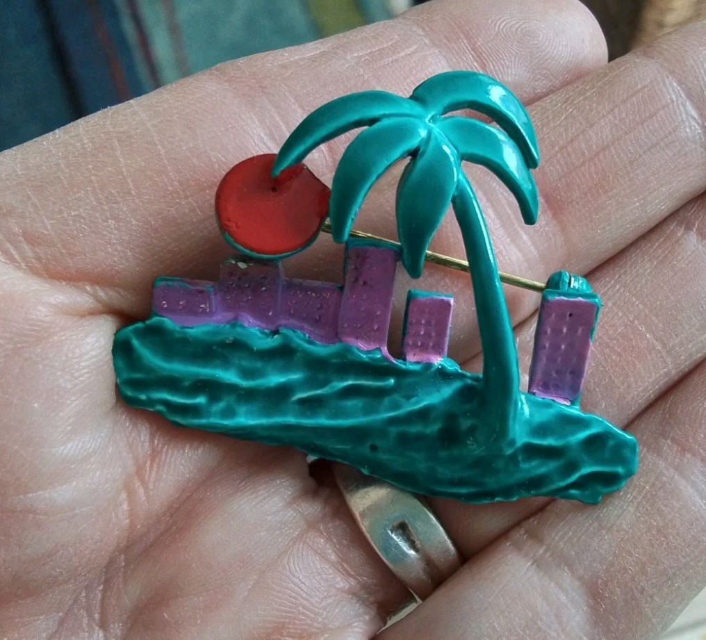 1978 RARE Vintage Guilloche Enamel Tropical Pin Palm Tree “Moon over Miami”