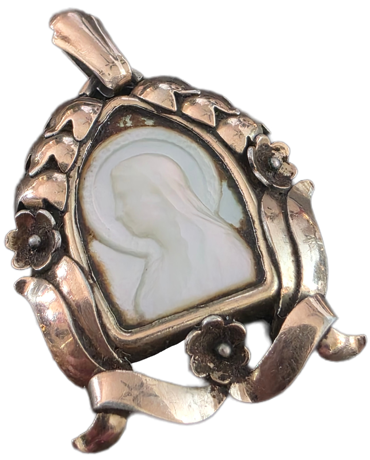 Antique Silver-Gilt Devotional Pendant with Mother-of-Pearl Madonna, c. 1890