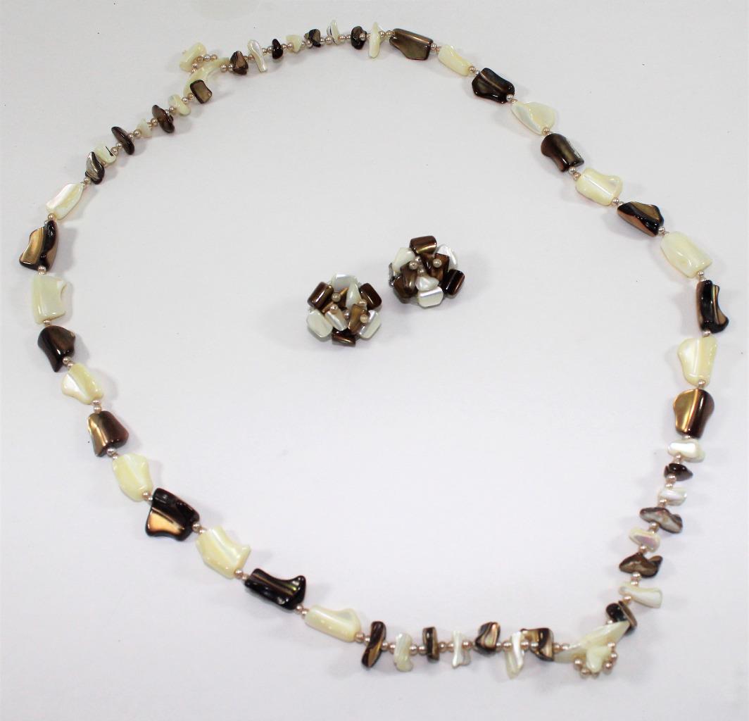 Vintage Brown & White Stone Necklace & Clip On Earring Set w/Faux Pearls ~ Japan