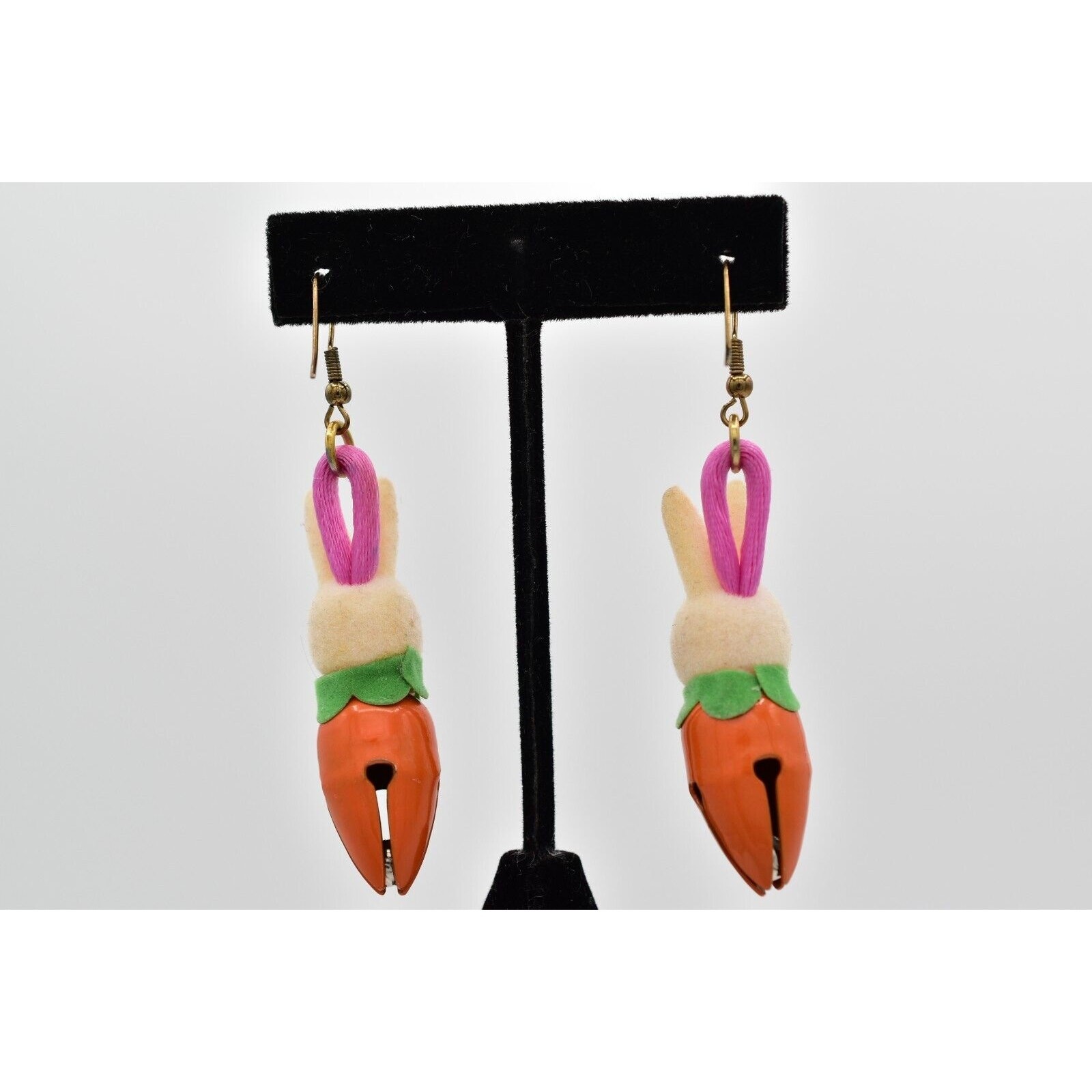 Vintage Easter Bunny Earrings White Velvet Rabbit Carrot Bell Dangle 1980s 9D