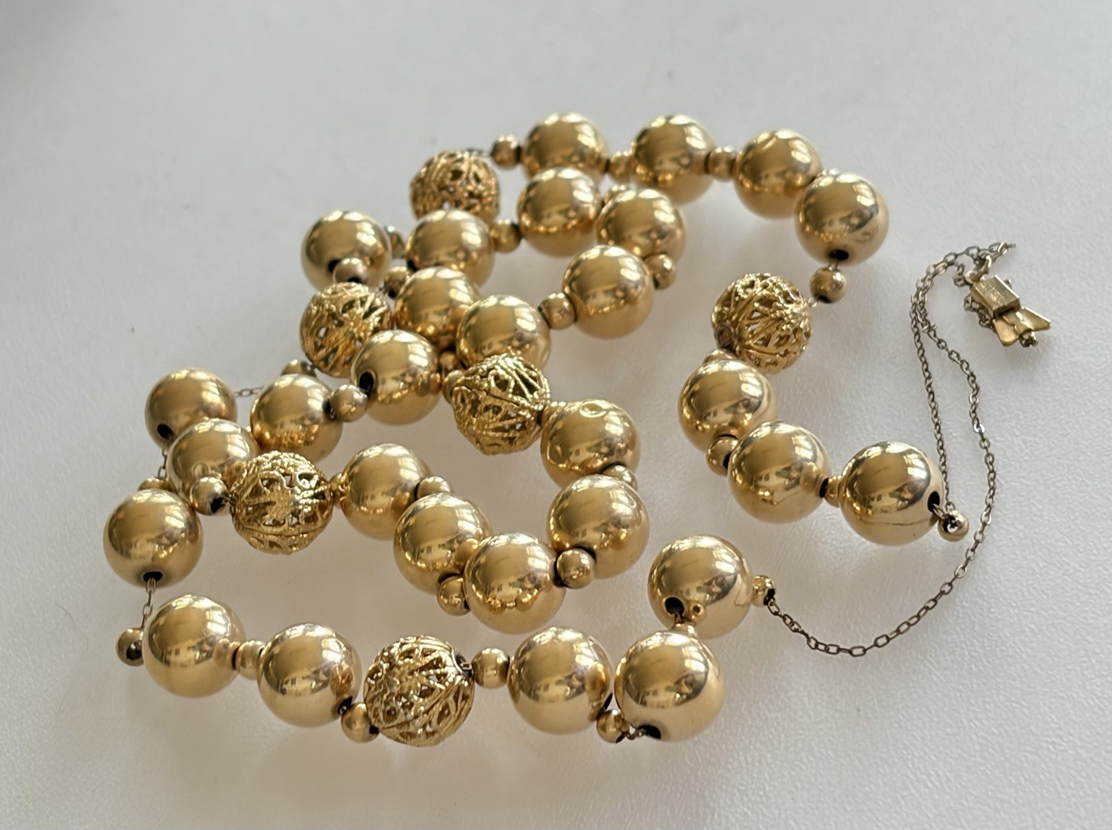 Vintage 14K GF Filigree Gold Ball Necklace Butterfly Clasp 16.5g 16” 1cm Beads