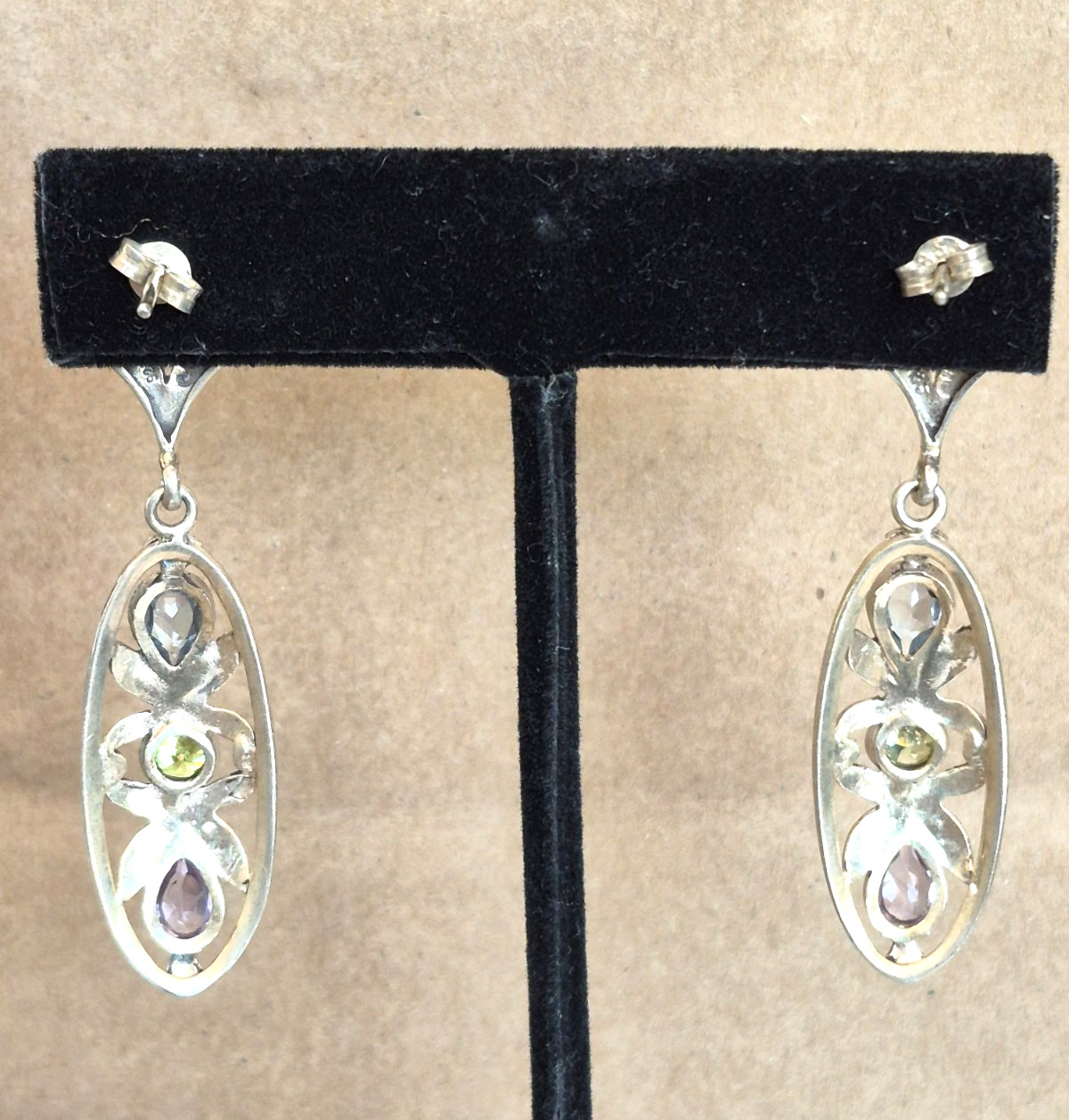 Vintage CW Marked Sterling Silver Multicolor Gemstone Marcasite Dangle Earrings