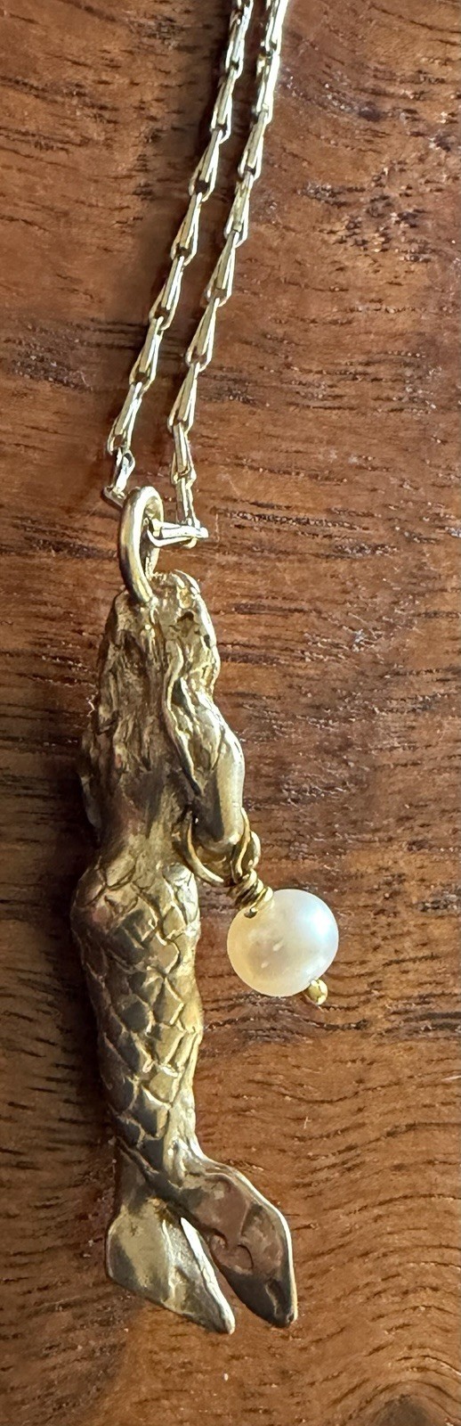 MERMAID with Pearl Gold Filled PENDANT on Gold Plate CHAIN Holding Heart