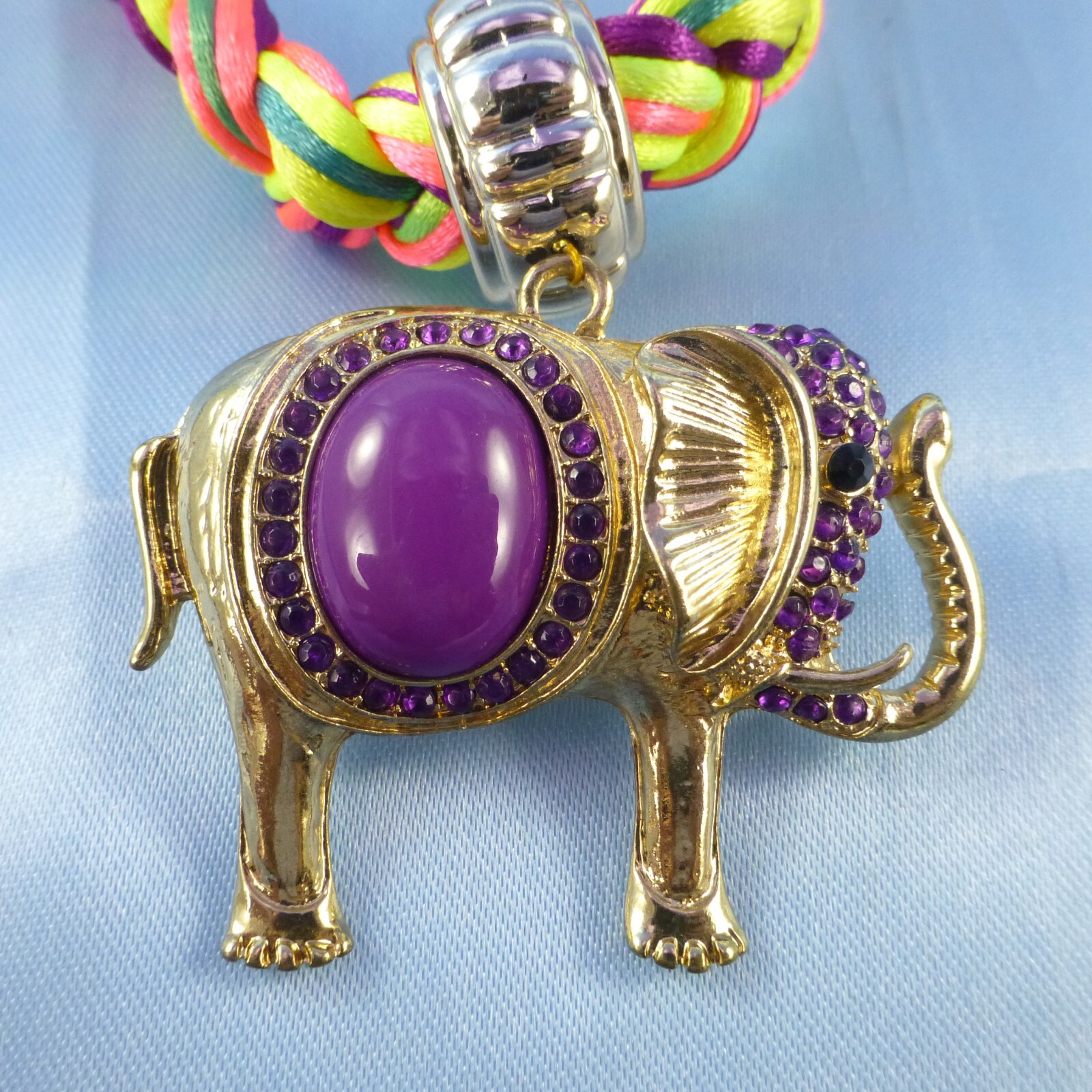 Braided Multi-color Collar Necklace & Elephant Pendant & Purple Rhinestones