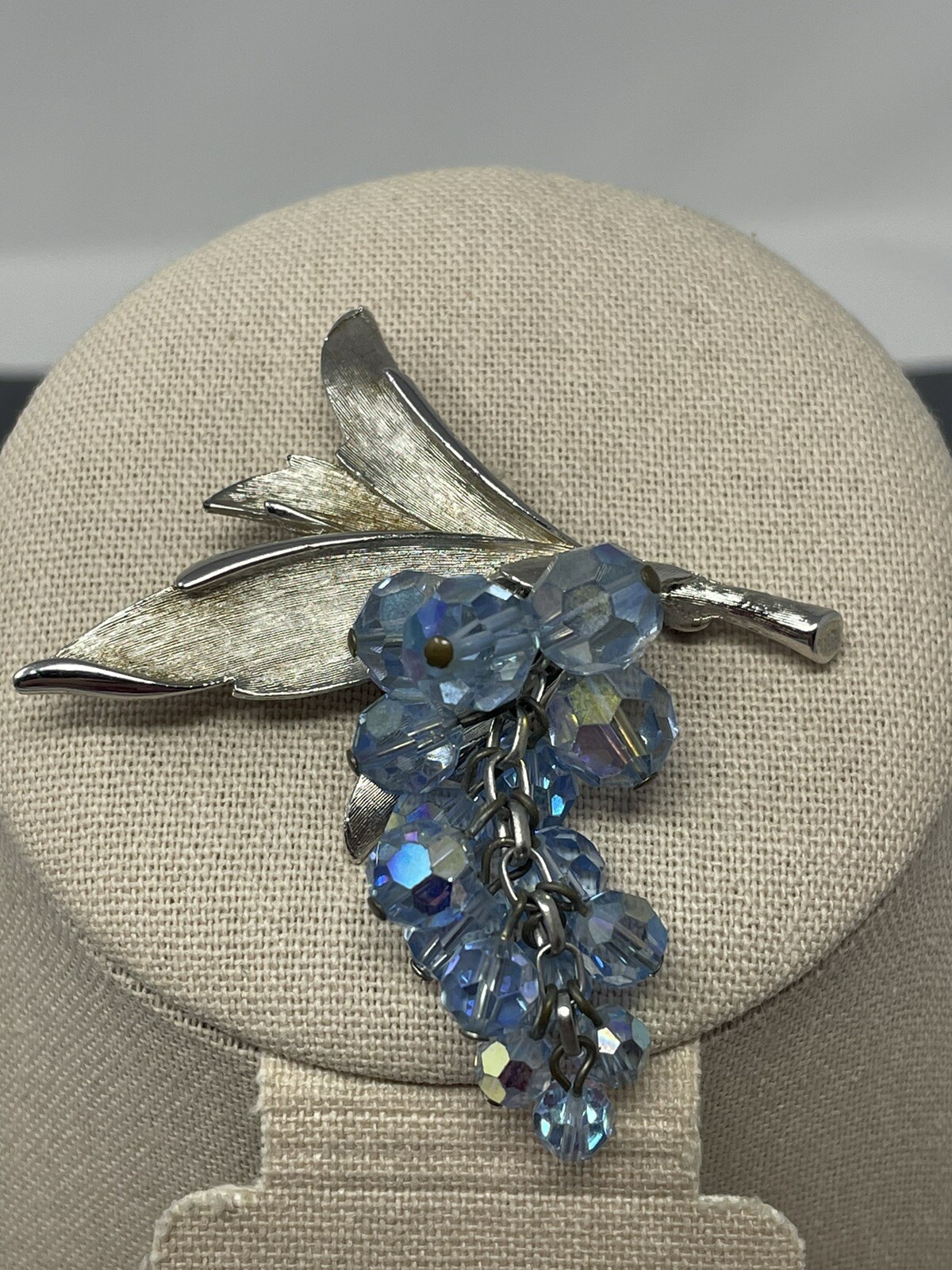 Vintage Silver Tone Blue AB Crystal Dangle Grapes Brooch Waterfall Articulating
