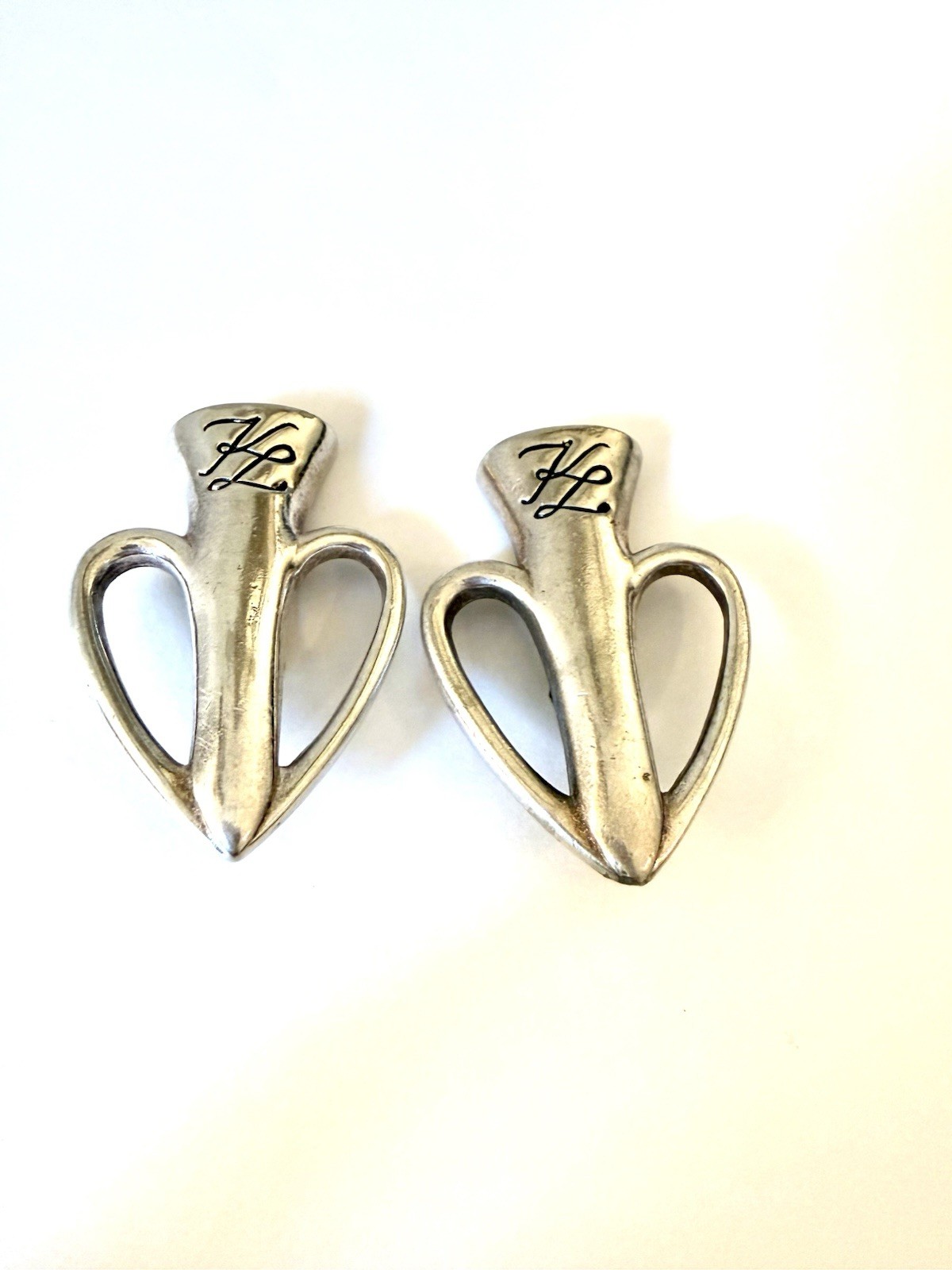 Vintage Karl Lagerfeld Logo Chunky Sivertone Clip On Statement Earrings
