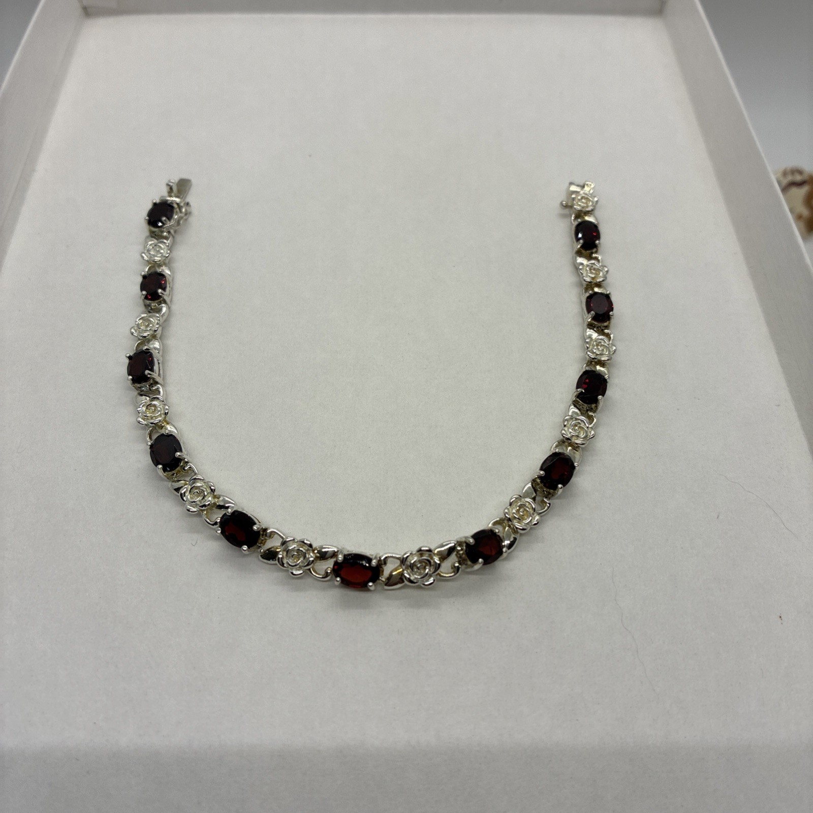 Vintage 925 Sterling Silver Red Garnet Gemstone Floral Link Bracelet