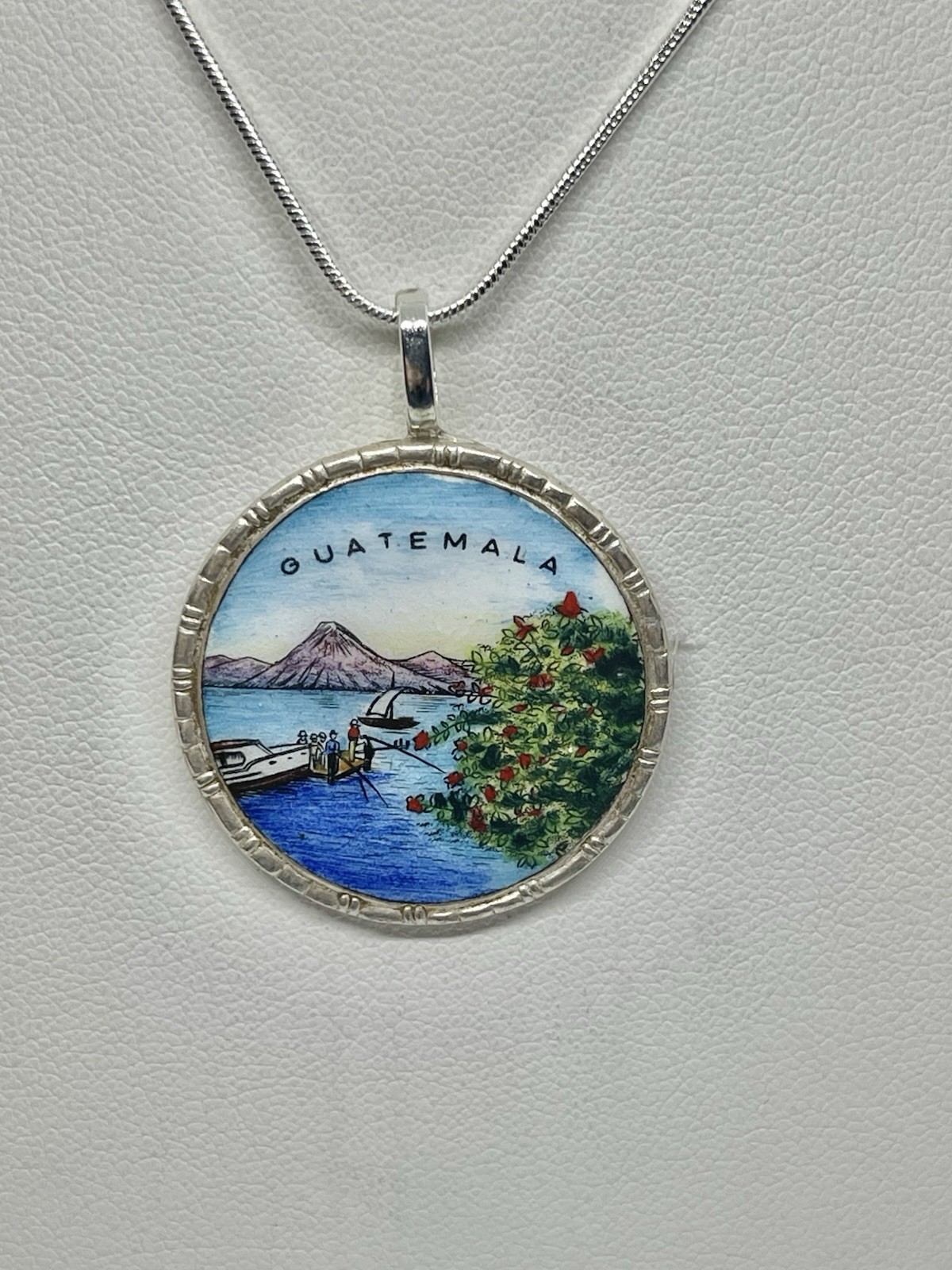Vintage Upcycled Guatemala Beach Harbor Scene Enamel Travel Souvenir Pendant Fob