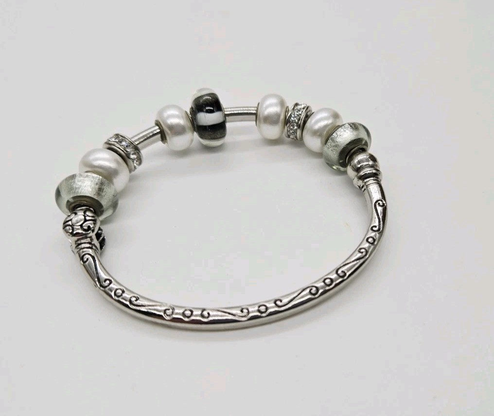Hinged Bangle bracelet Silver tone Add a Bead One Size OSFM 9 beads