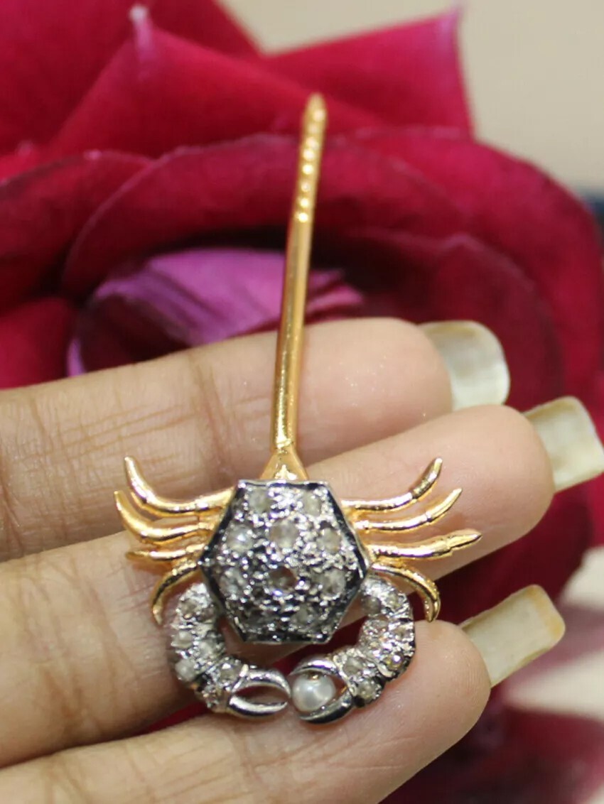 1.10ct Rose Cut Diamond 925 Silver Pearl Anniversary Wedding Crab Stick Pin