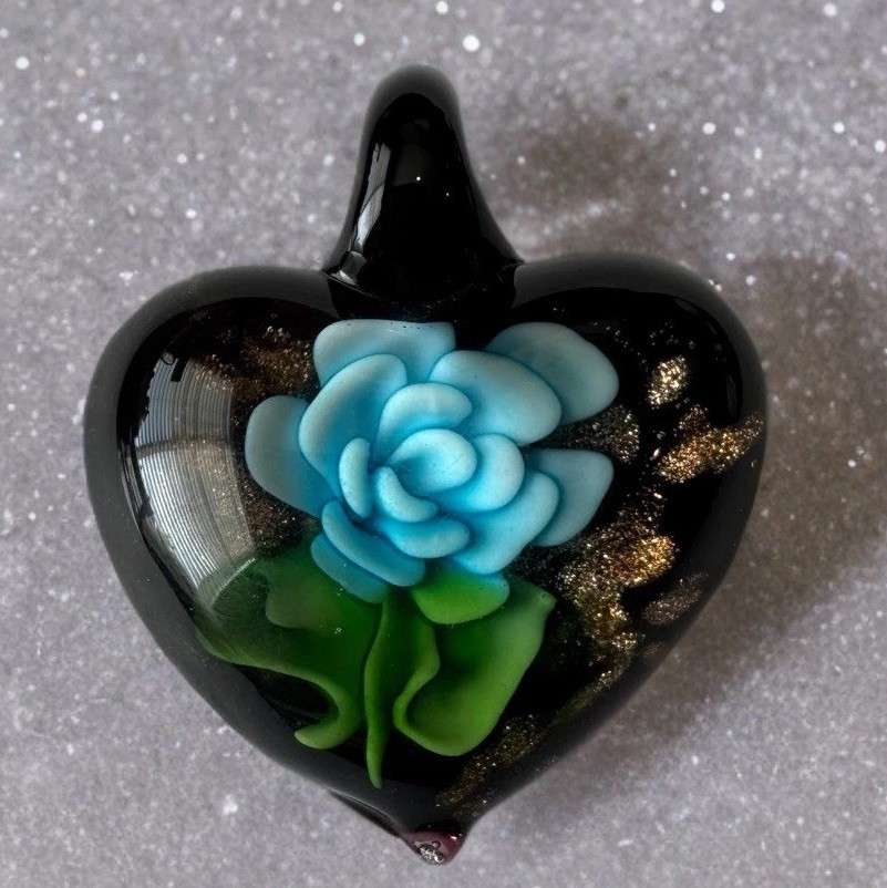 Lampwork Glass Heart Pendant with Radiant Blue Floral Blossom and Gold Glitter