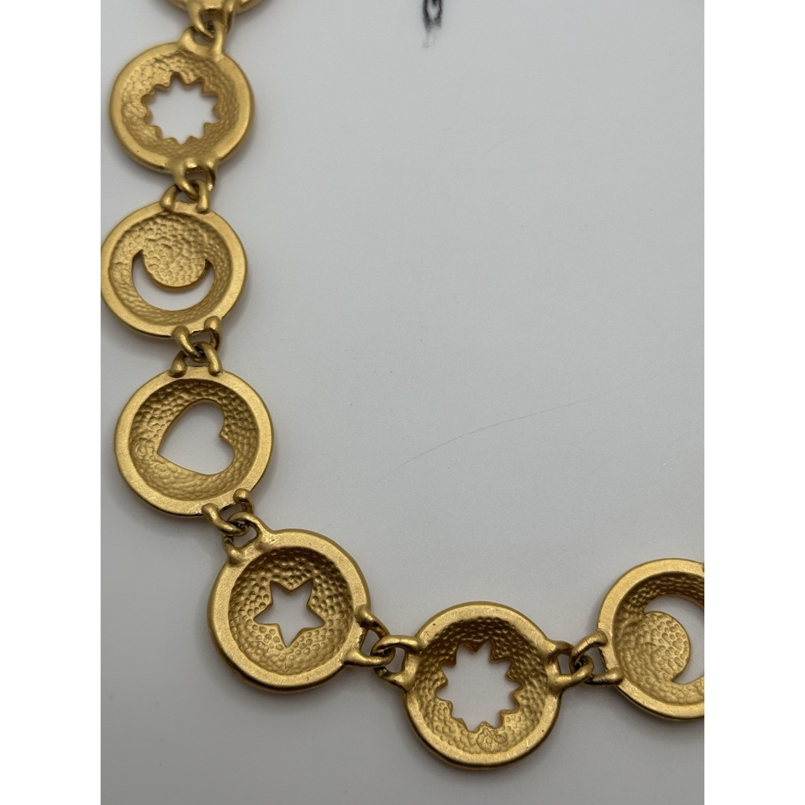 Vintage Anne Klein Necklace Matte Gold Tone Heart Star Moon Cut Out Round Link