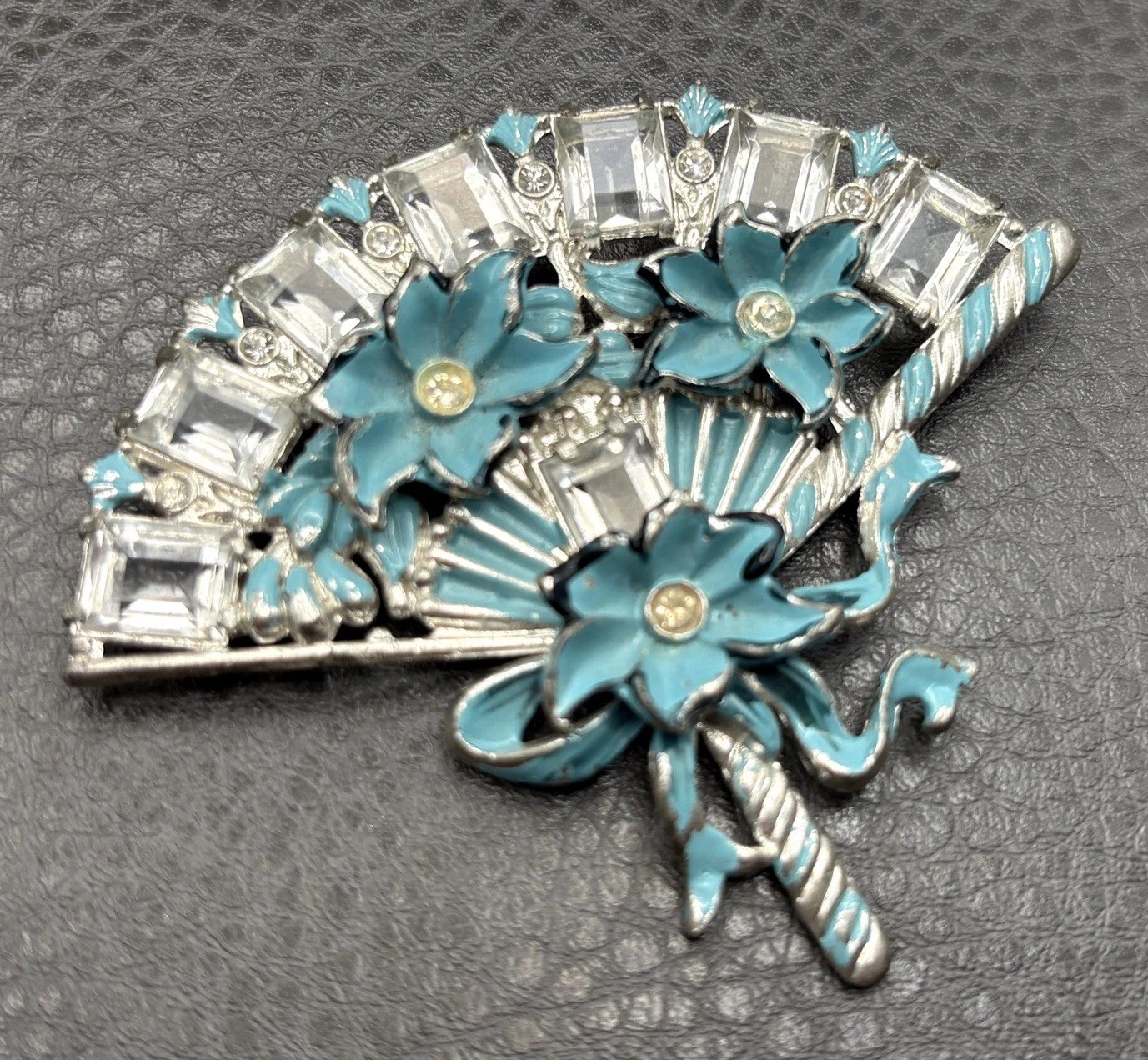Vintage HUGE Deco Pot Metal Blue Enamel Flower Fan Ribbon Brooch Pin