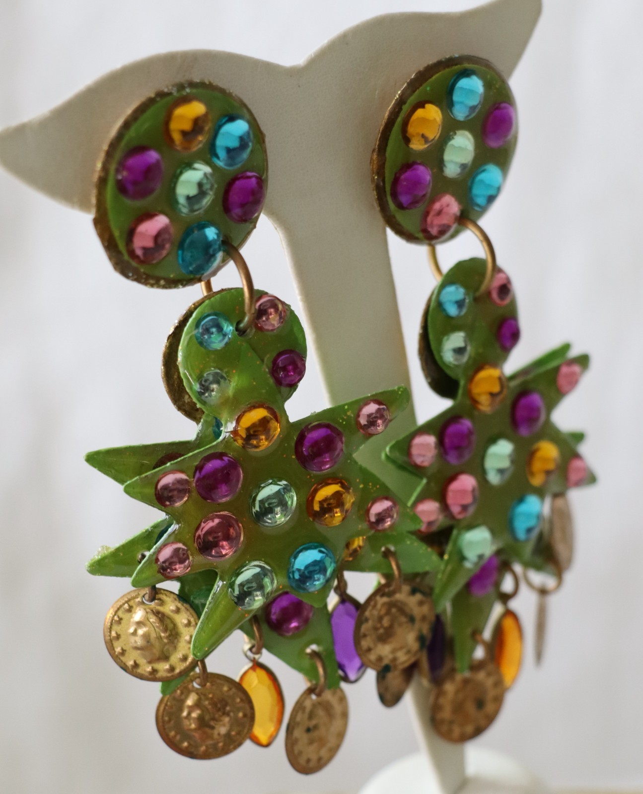 Vintage Green Resin Metal Christmas Tree Colorful Clip-On Dangle Earrings 4″