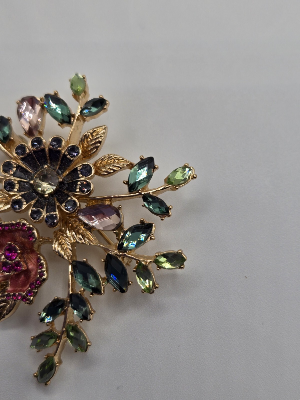 Napier Flower Brooch Gold Tone Enamel Green White Pink Purple Stones