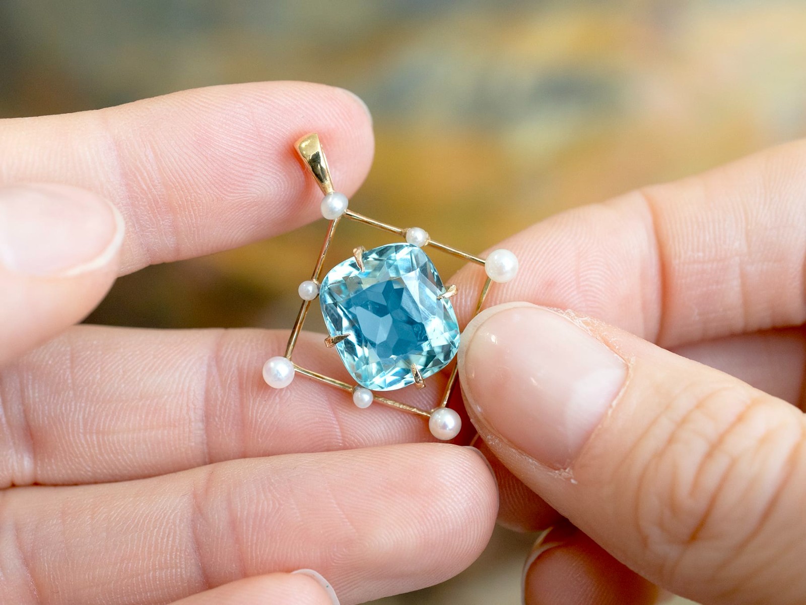 Antique 8.50Ct Aquamarine and Pearl 12k Yellow Gold Pendant Circa 1930