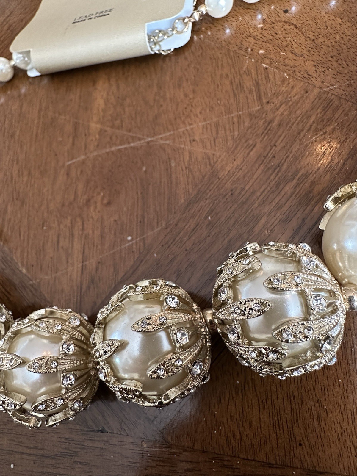 Vintage Natasha Off-White Faux Pearl Rhinestone Statement Necklace Signed New!