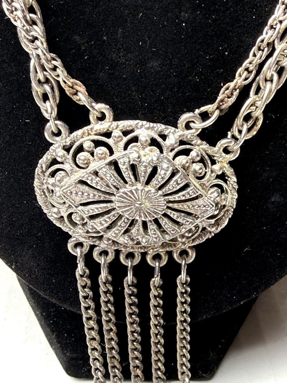 Vintage Tribal Ethnic Filigree Metalwork Fringe Tassel Necklace Silver Tone Boho