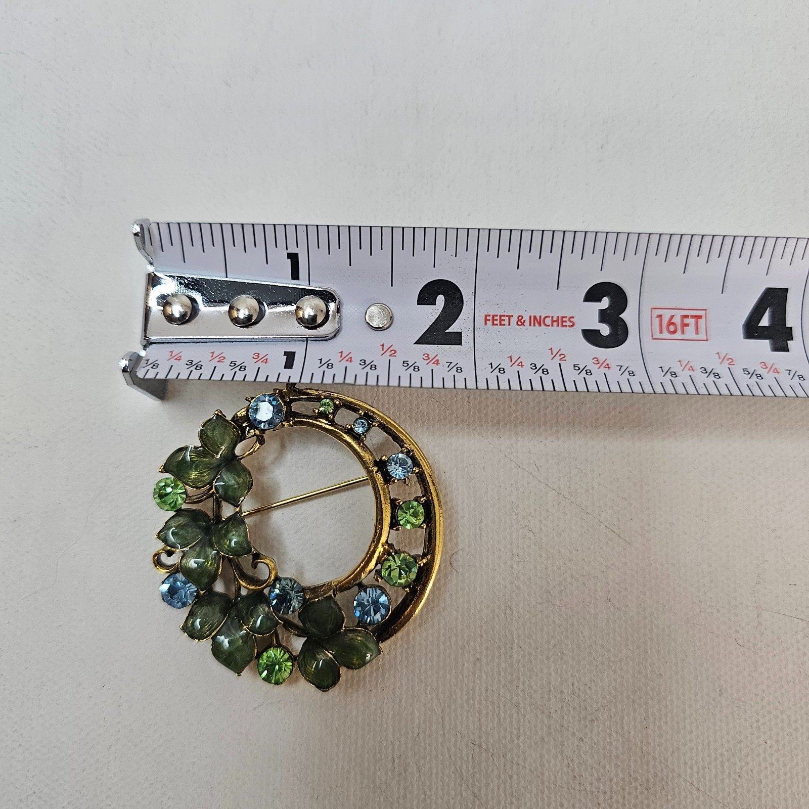 Gold Colored Metal Wreath Brooch Enameled Green Blue Rhinestone Unmarked Pin