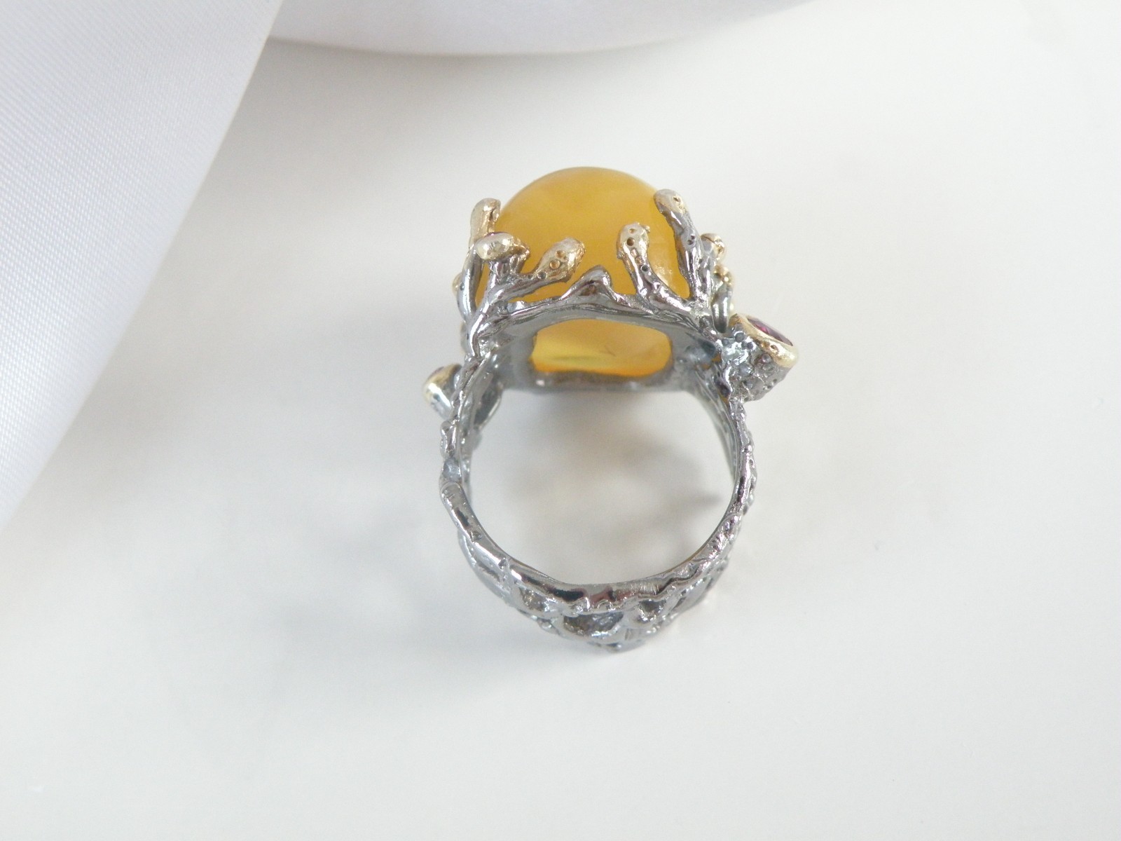 Brutalist Sterling Silver 925 Huge Butterscotch Amber Modern Statement Ring 7.5