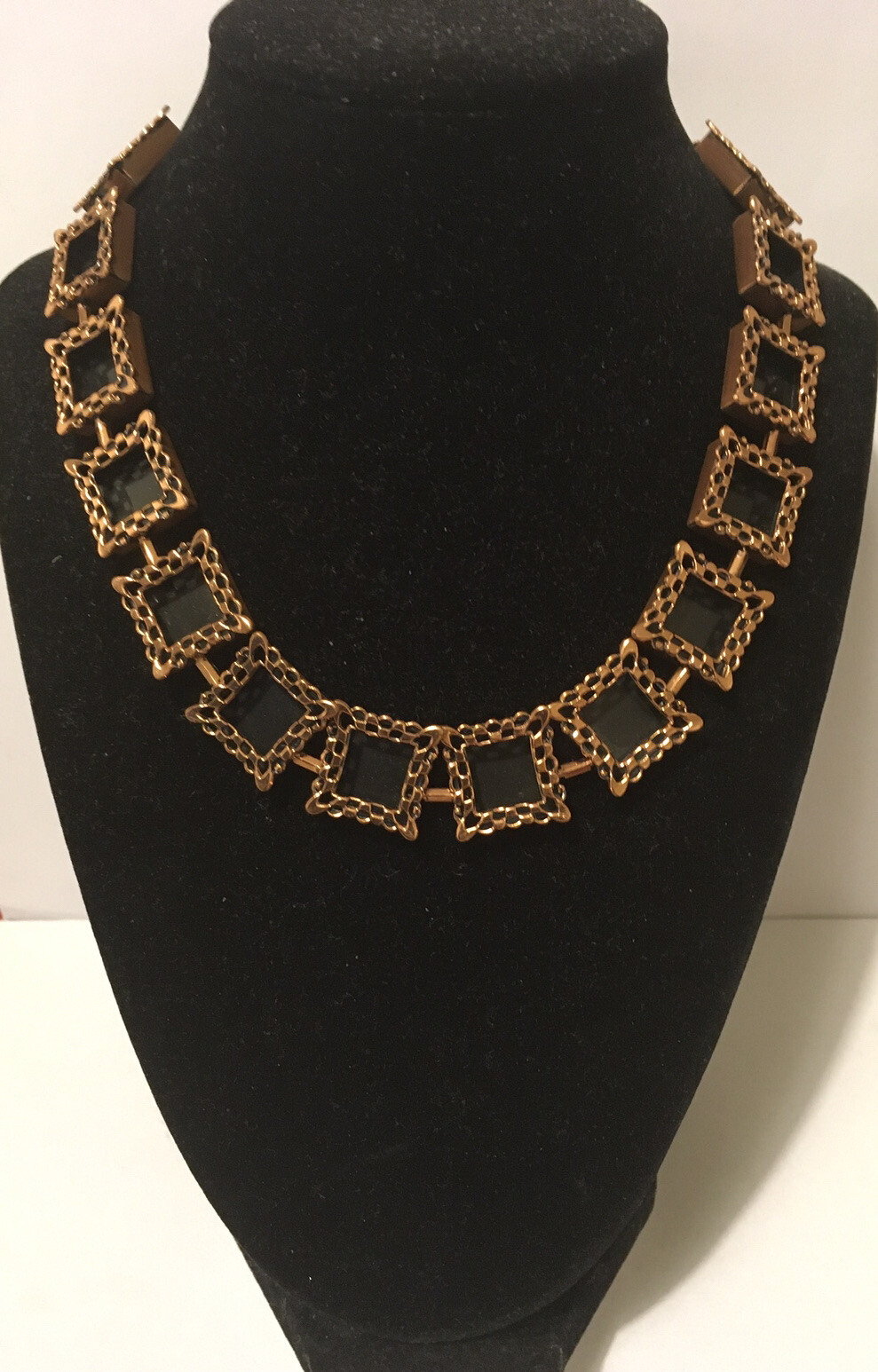 VTG signed Renoir/ Matisse Set Necklace & Earrings Bronze Black Enamel 17.5 in