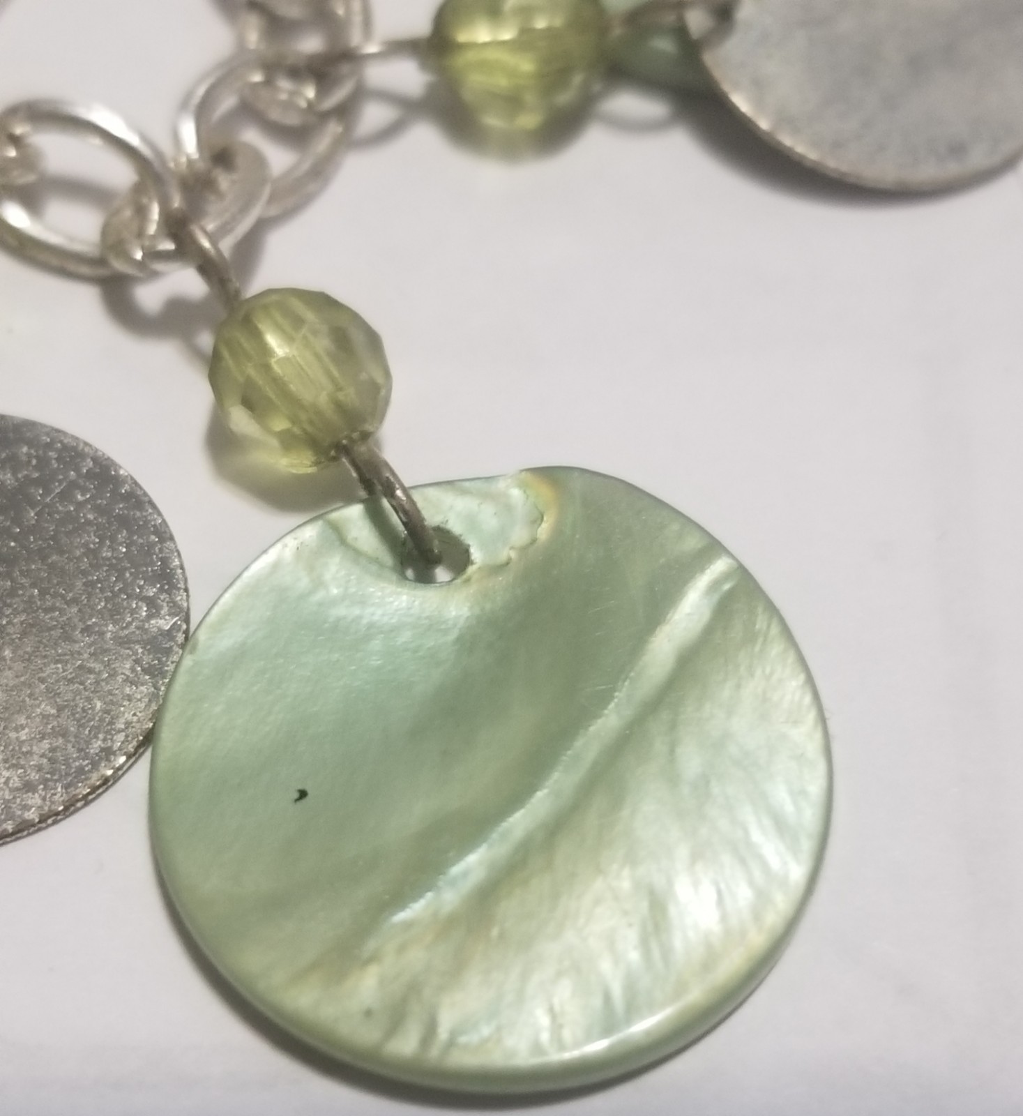 Vintage Necklace & Earrings Set Silvertone With Green Shells And Beads 18 Inches