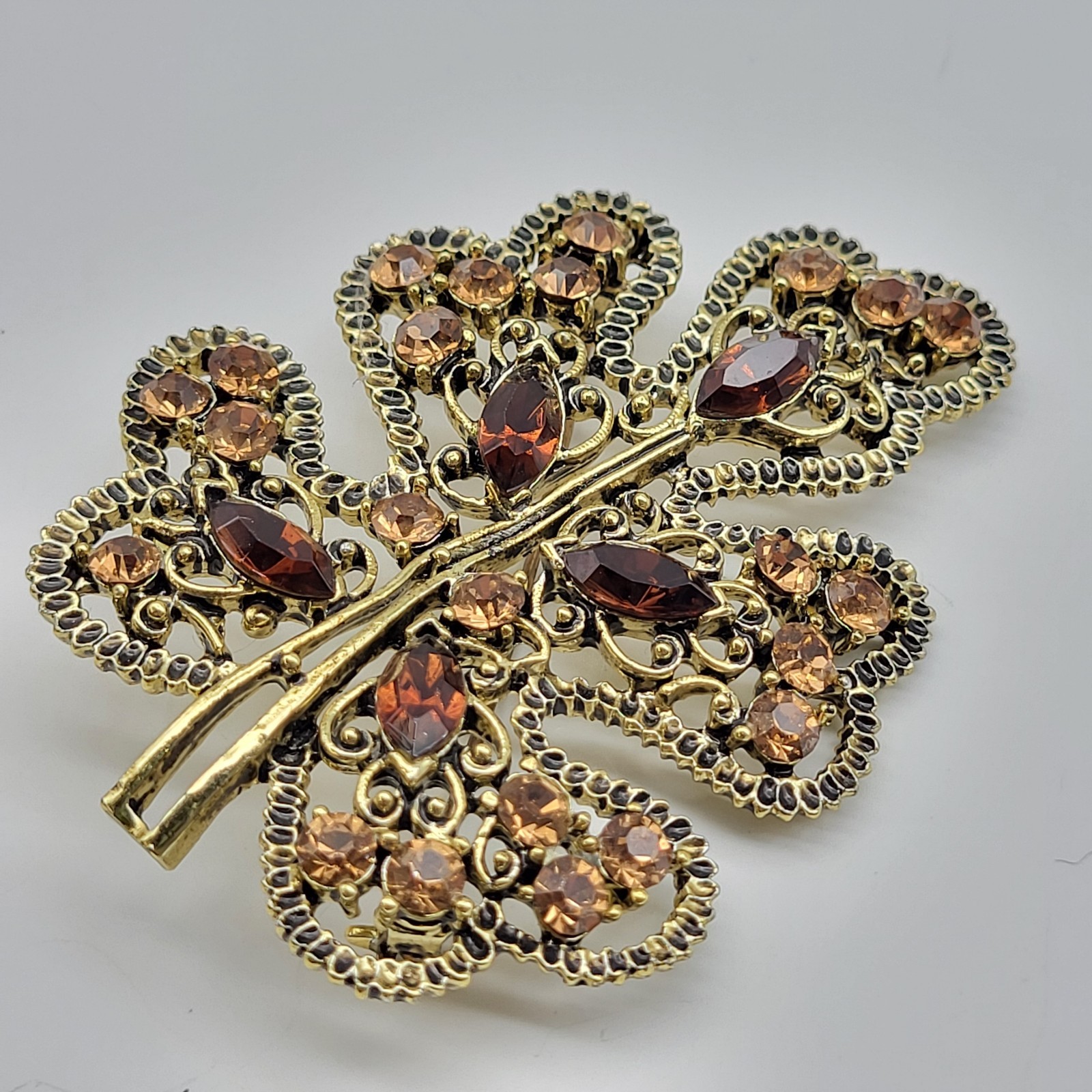 Lovely vintage large earthtones rhinestone brooch pin leaf Boho MCM