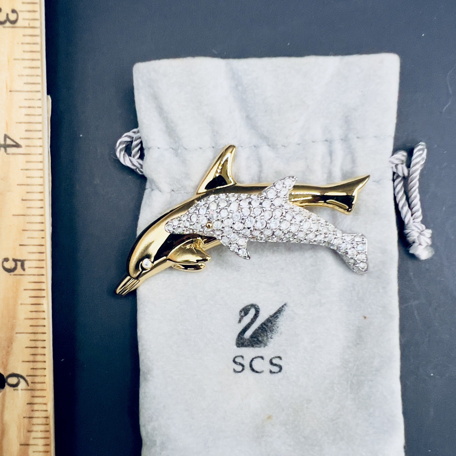 Vintage Swarovski Rhinestone Brooch Pin Dolphins Swan logo Preowned