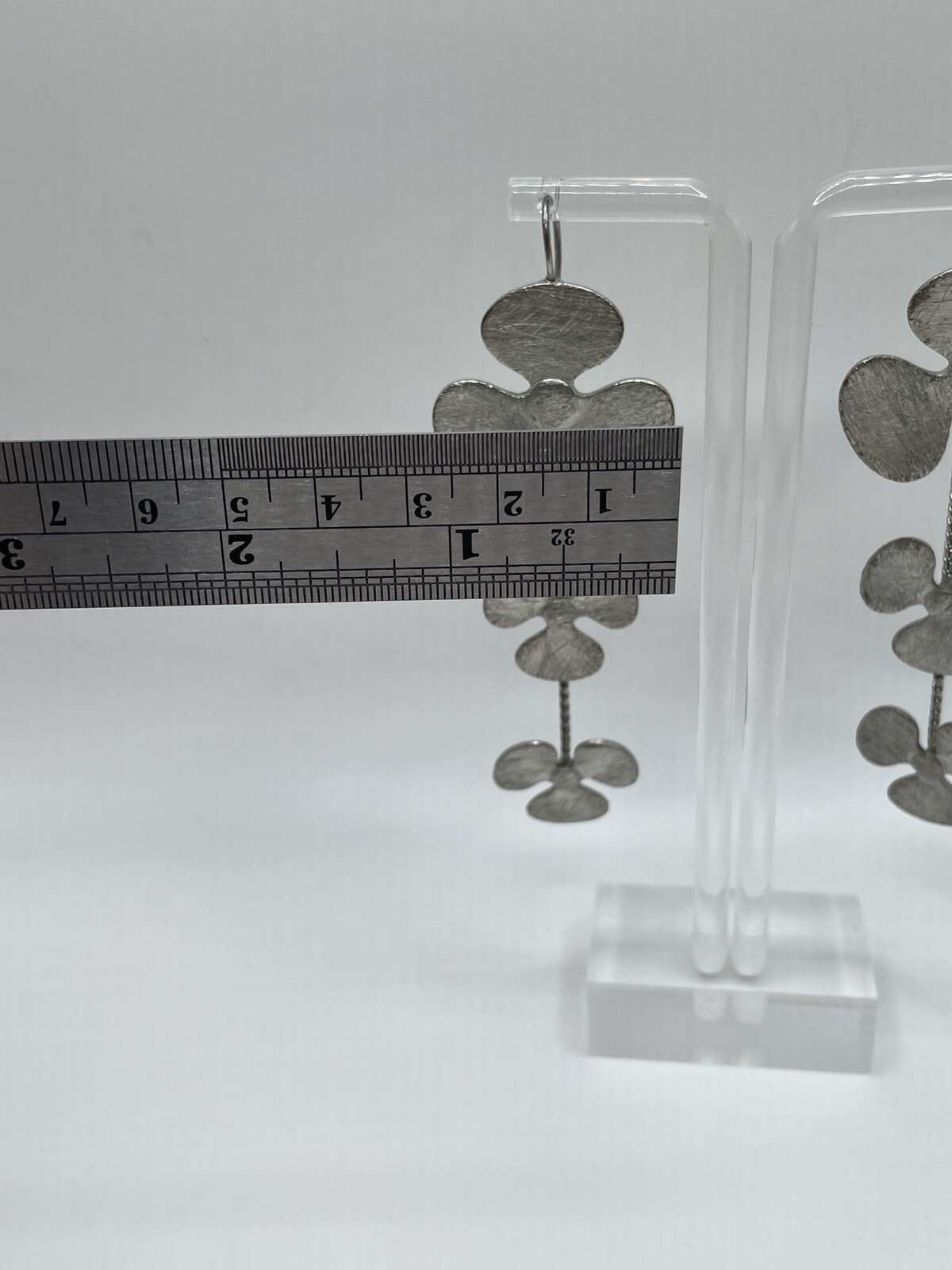 Modernist Brushed Silver Poppy Flower Illusion Dangle Earrings Statement