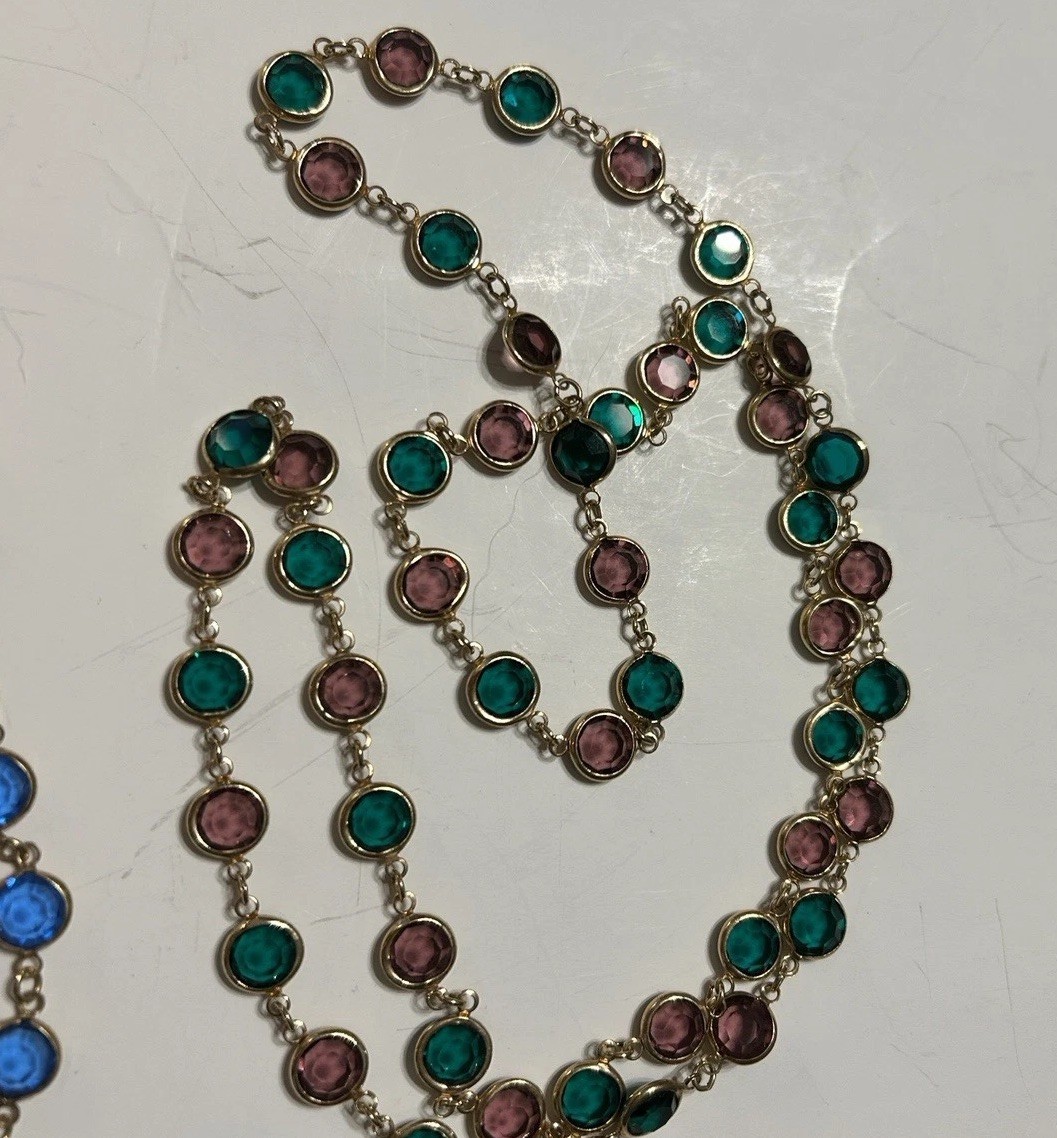 3 Vintage Faceted Austrian Crystal Window Necklaces Bezel Blue, Clear, Multi